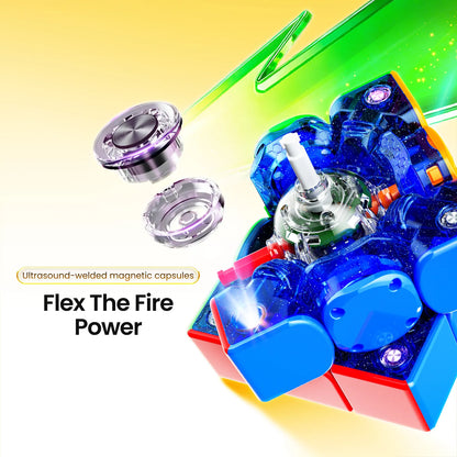 Transparent blue speed cube with magnetic capsules, showcasing internal mechanism and vibrant colors