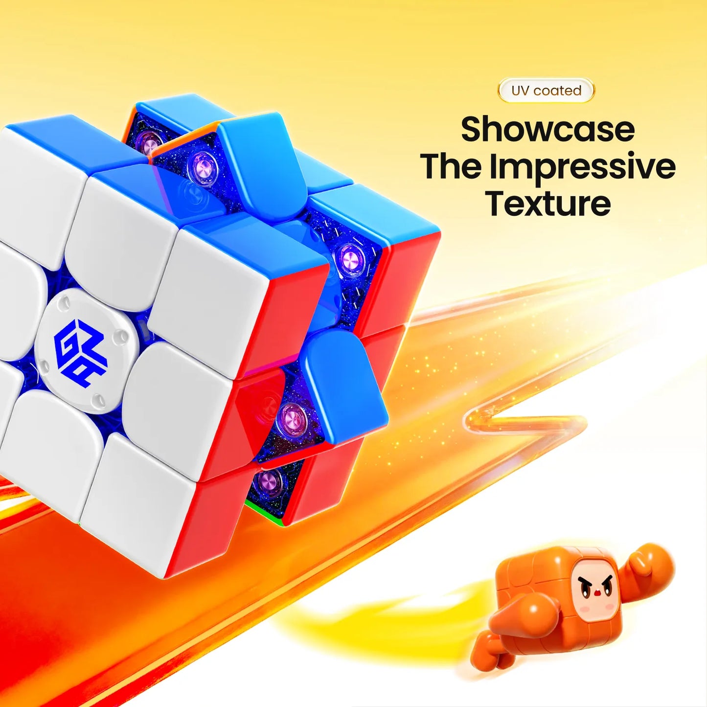 UV coated speed cube with glowing internal mechanism and textured surface, showcasing smooth rotation and vibrant colors