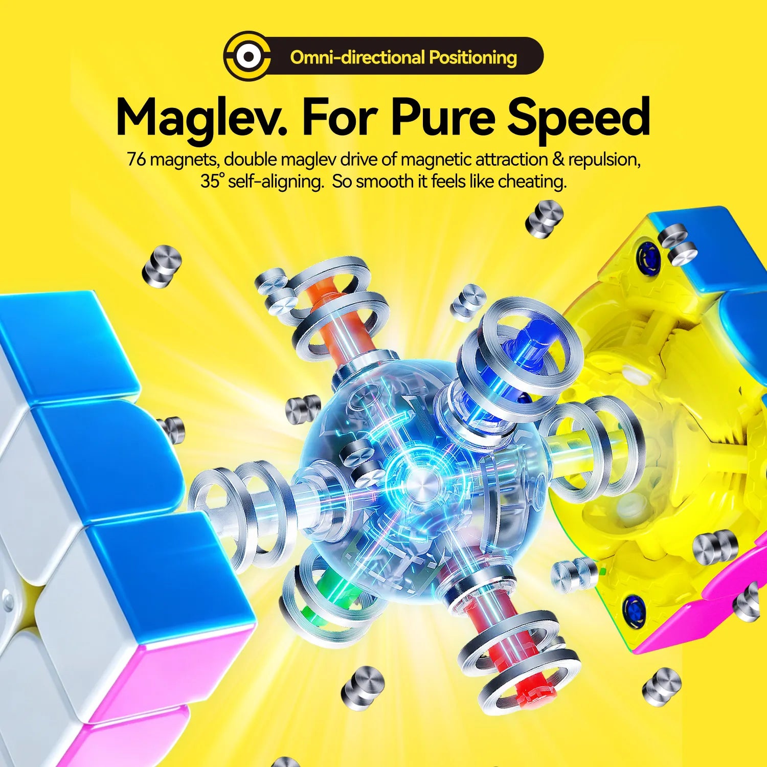 Maglev speed cube with 76 magnets, omni-directional positioning, and smooth magnetic drive for pure speed
