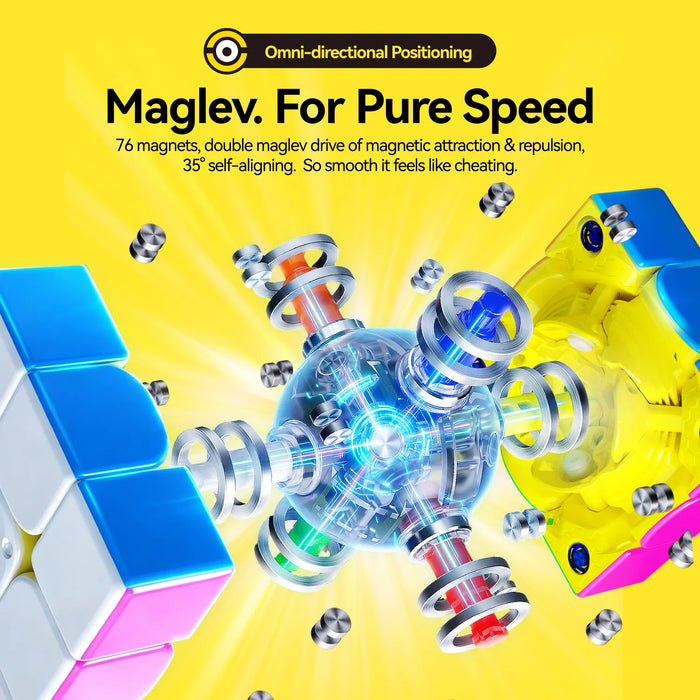Maglev speed cube with 76 magnets, omni-directional positioning, and smooth magnetic drive for pure speed