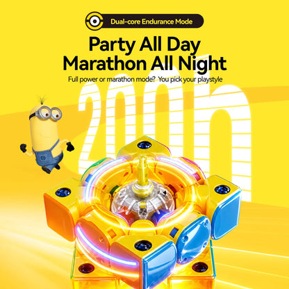 Smart speed cube with glowing RGB lights and dual-core endurance mode, featuring Minion character on vibrant yellow background