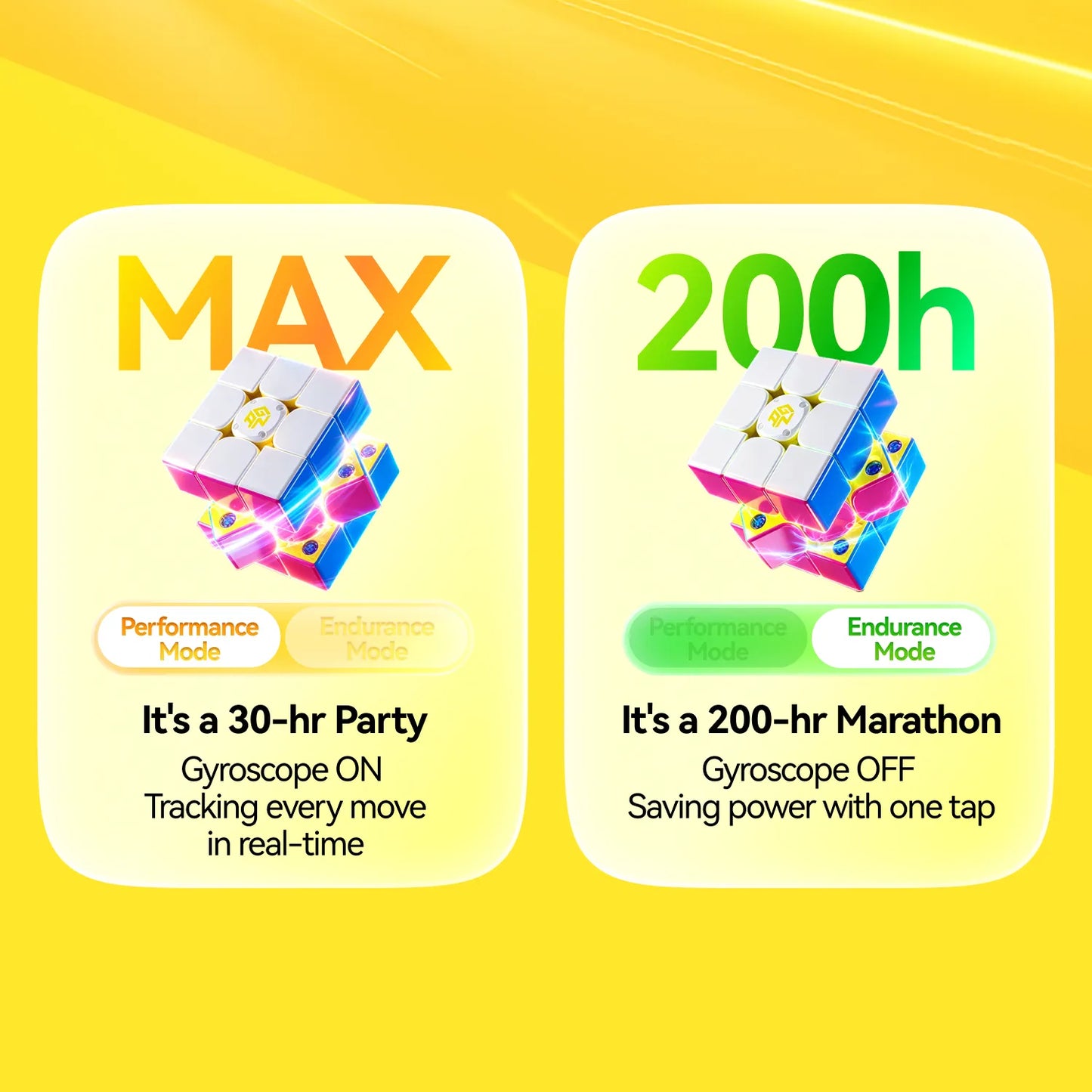 Smart speed cube with MAX performance mode and 200h endurance mode, tracking moves or saving power