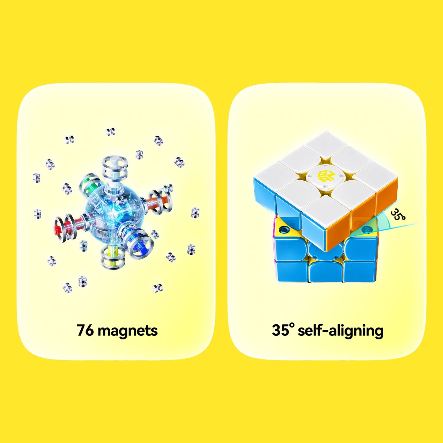 Speed cube with 76 magnets and 35° self-aligning mechanism for smooth solving
