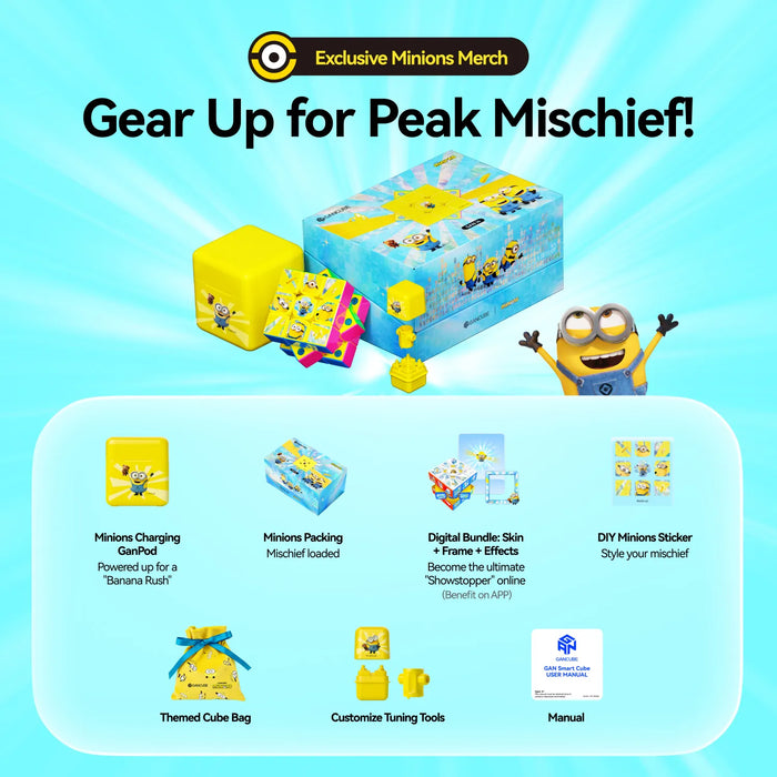 Minions-themed speed cube set with charging pod, stickers, tuning tools, and smart cube accessories for peak mischief