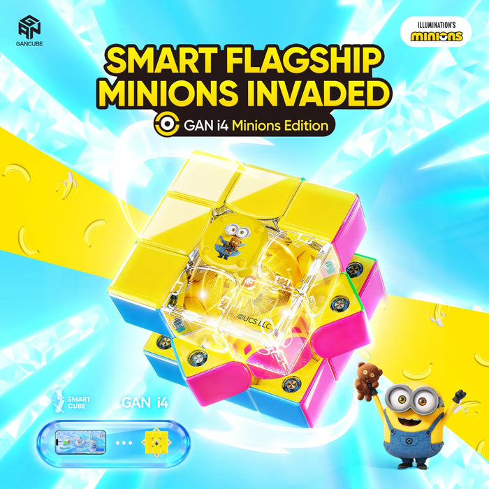 GAN i4 Minions Edition smart cube with yellow, pink, blue colors and Minion character, featuring banana graphics and app connectivity.