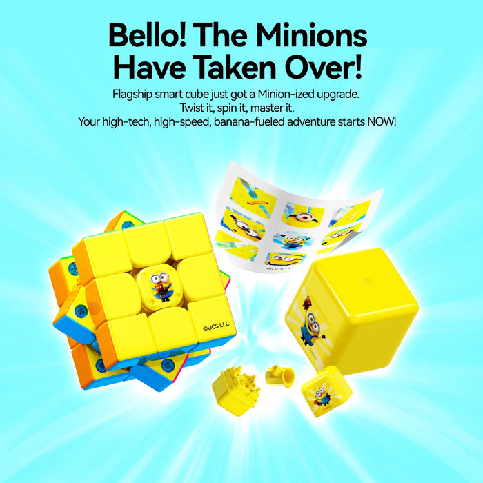Minion-themed smart speed cube with yellow tiles and character stickers, featuring high-tech design and banana-fueled fun