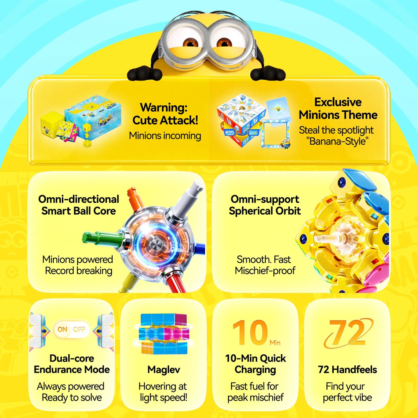 Minions-themed smart speed cube with omni-directional core, 10-min quick charge, 72 handfeels, and maglev tech