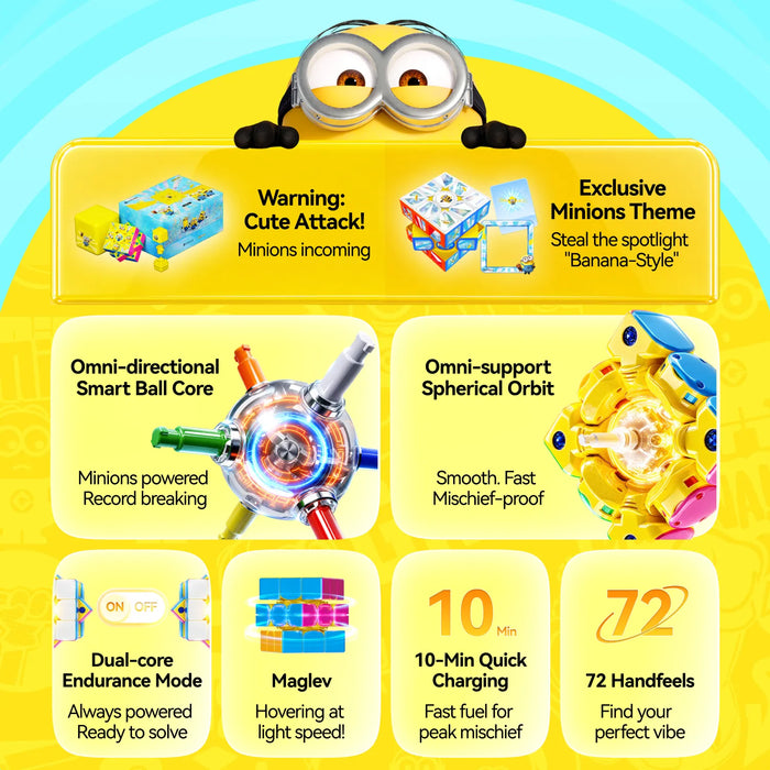Minions-themed smart speed cube with omni-directional core, 10-min quick charge, 72 handfeels, and maglev tech