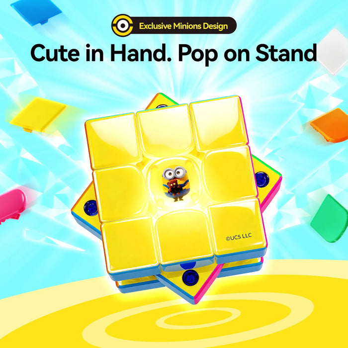 Yellow Minions-themed speed cube with pop-on stand, cute handheld puzzle toy