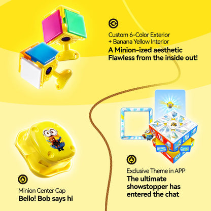Minion-themed speed cube with custom 6-color exterior, banana yellow interior, and Bob center cap, plus app-exclusive theme