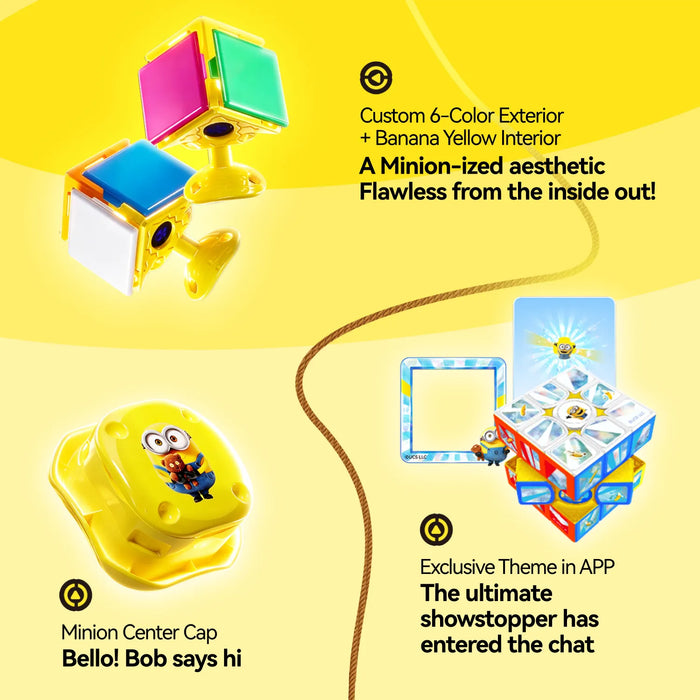 Minion-themed speed cube with custom 6-color exterior, banana yellow interior, and Bob center cap, plus app-exclusive theme