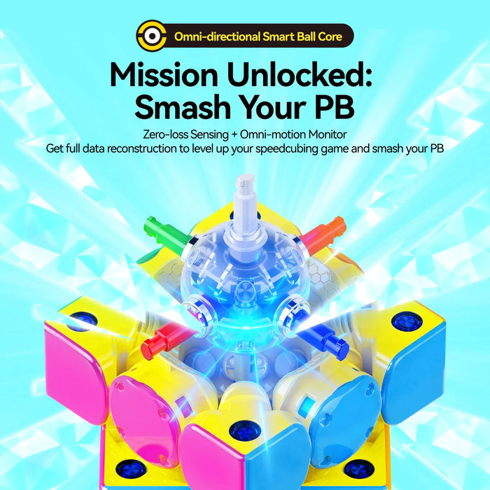 Smart speed cube with omni-directional ball core, zero-loss sensing for PB tracking