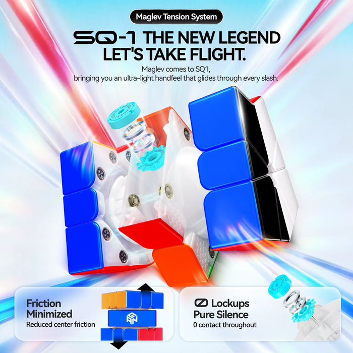 SQ1 speed cube with Maglev Tension System, ultra-light glide, minimized friction, and pure silence for smooth solving.