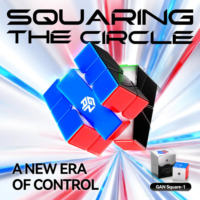 GAN Square-1 speedcube in action, showcasing dynamic control with vibrant blue, red, and black colors against a radiant background.