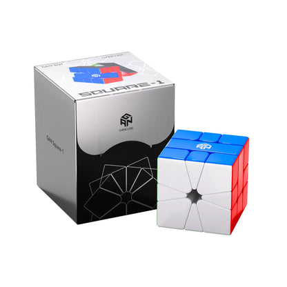 GAN Square-1 puzzle cube with blue, white, and red sides next to its packaging box