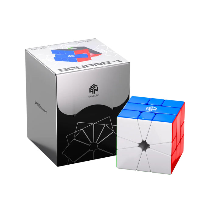 GAN Square-1 puzzle cube with blue, white, and red sides next to its packaging box