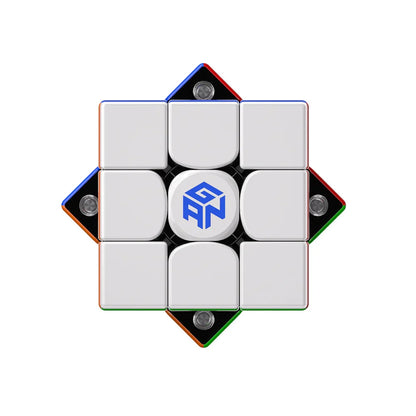 GAN speed cube with blue logo, white face, and colorful edges on white background