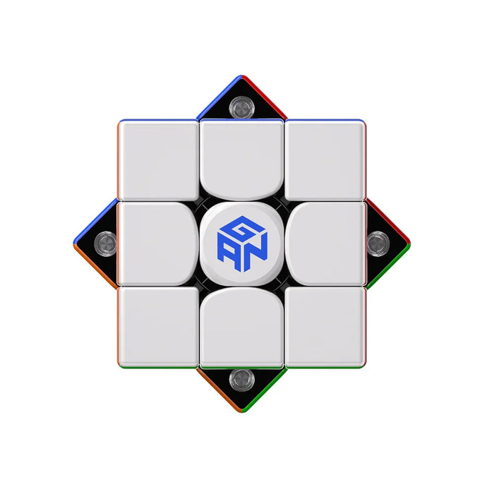 GAN speed cube with blue logo, white face, and colorful edges on white background