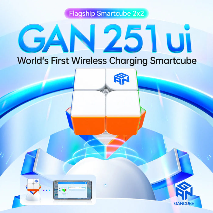 GAN 251 ui wireless charging smartcube 2x2 speed cube with GANCUBE logo and digital interface.