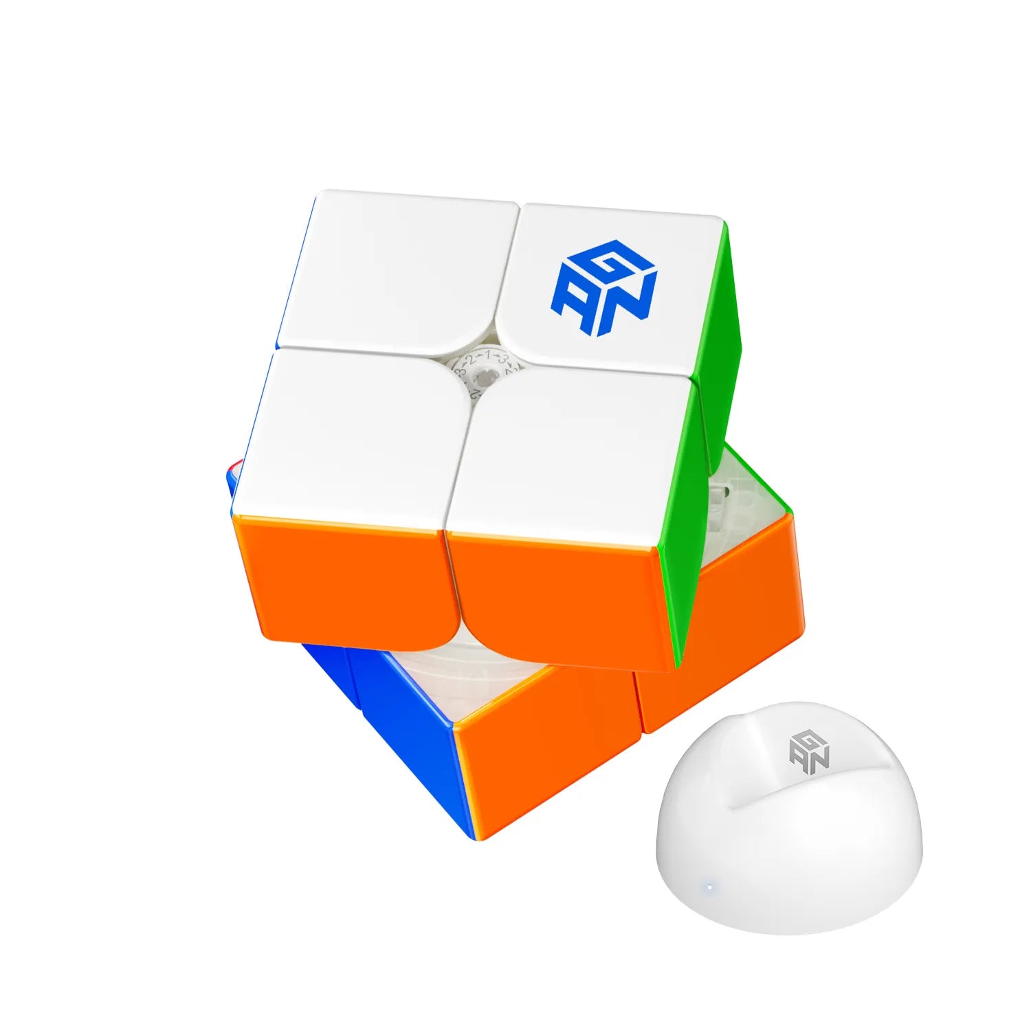 GAN speedcube 2x2 puzzle with colorful sides and white display stand, GANCUBE logo visible