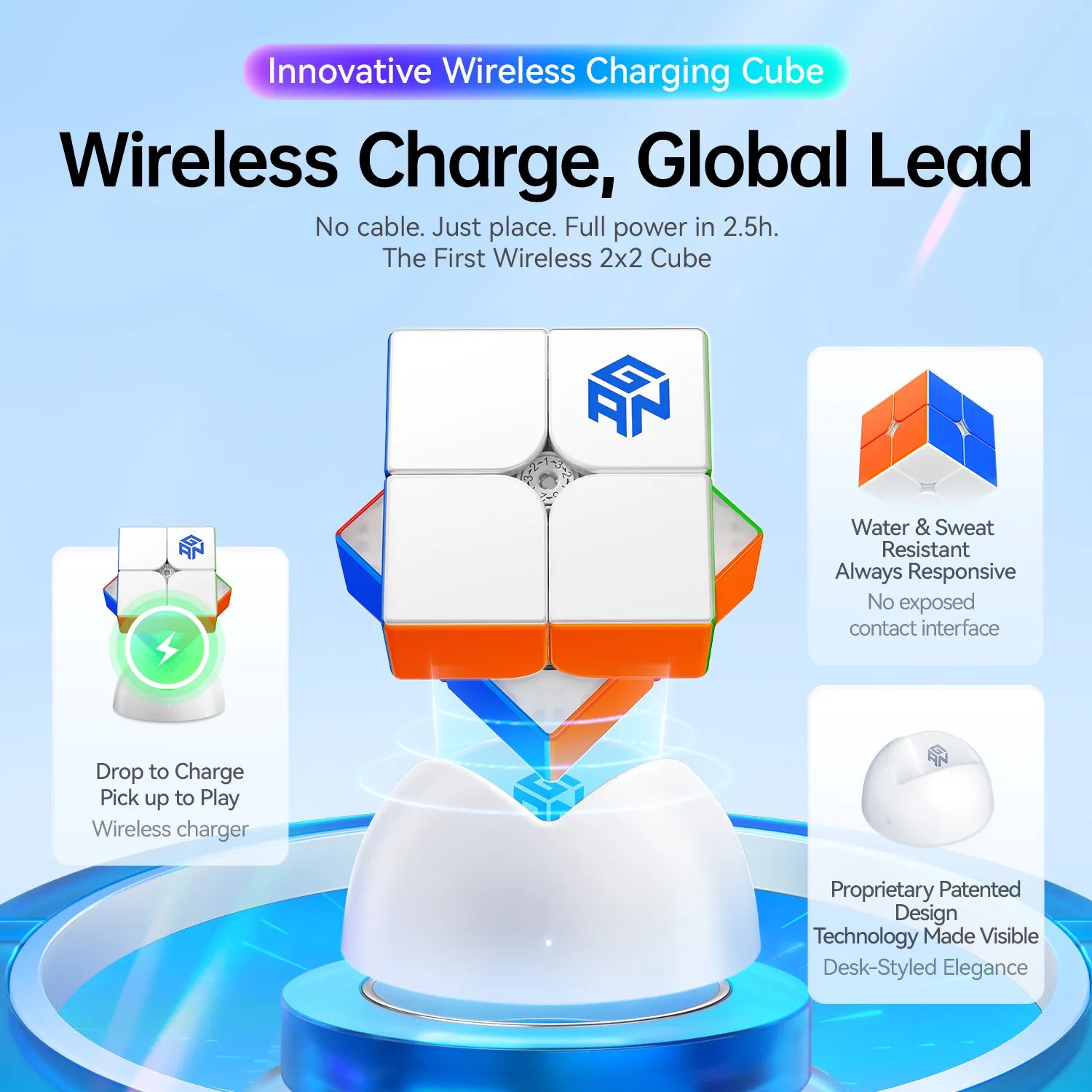 GANCUBE wireless charging 2x2 speed cube with charging base, features and branding shown.