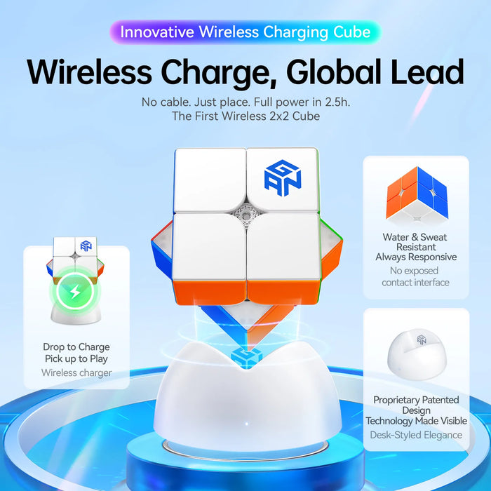 GANCUBE wireless charging 2x2 speed cube with charging base, features and branding shown.