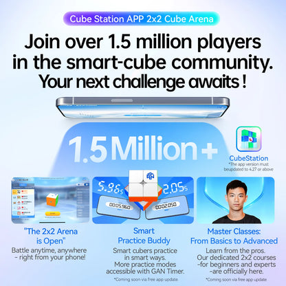 GANCUBE CubeStation app promo showing 1.5 million+ smart-cube players, app interface, and practice features.