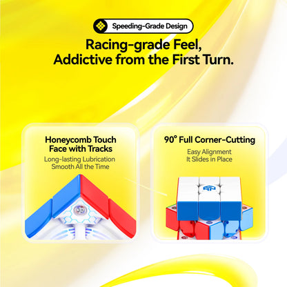 Speedcube with honeycomb touch face and 90° corner-cutting for smooth, racing-grade solving