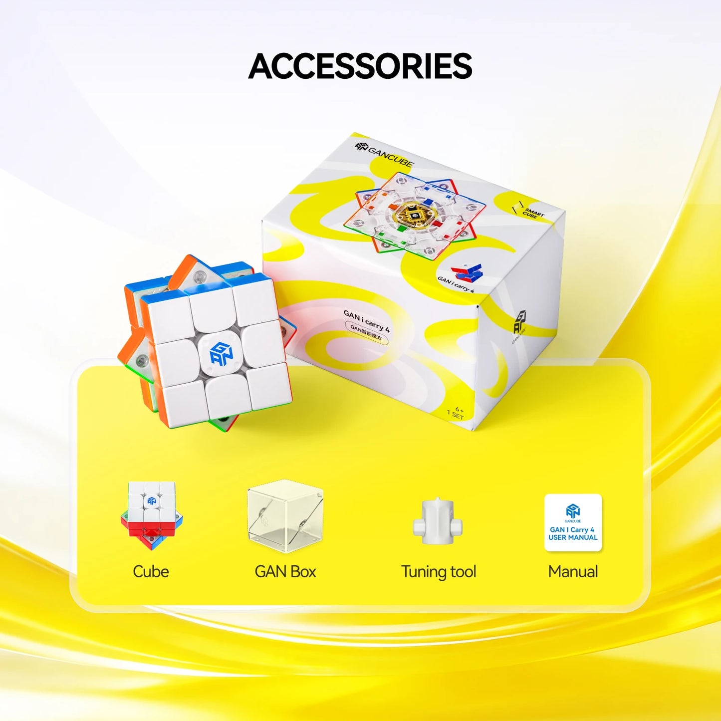 GAN i carry 4 smart cube with accessories: cube, GAN box, tuning tool, and manual on yellow background