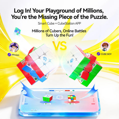 Smart speed cubes battling in online app, featuring GAN i carry 2 and GAN i4 models with vibrant colors and dynamic VS action.