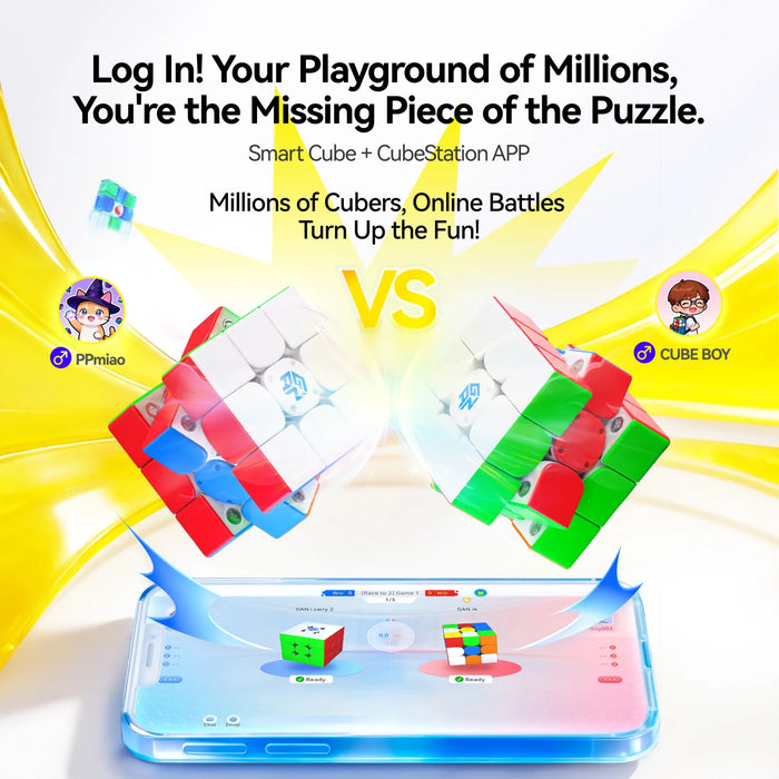 Smart speed cubes battling in online app, featuring GAN i carry 2 and GAN i4 models with vibrant colors and dynamic VS action.