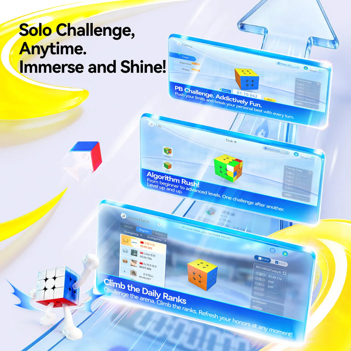 Smart cube app interface showing PB Challenge, Algorithm Rush, and Daily Ranks modes for speedcubing practice