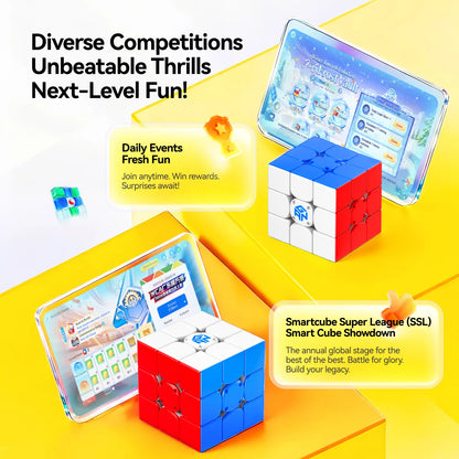 Smart cube with app interface, showcasing competitions and daily events for speedcubing fun