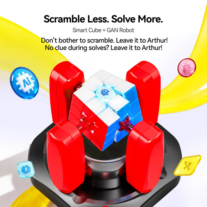 Smart cube held by red robotic arms with AI and solve features highlighted