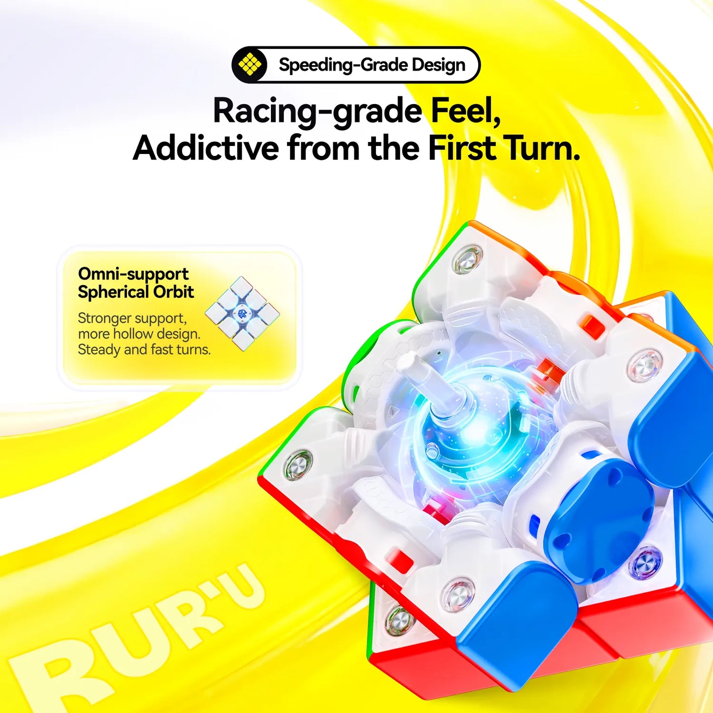 Speedcube with racing-grade design, omni-support spherical orbit, steady fast turns, glowing core
