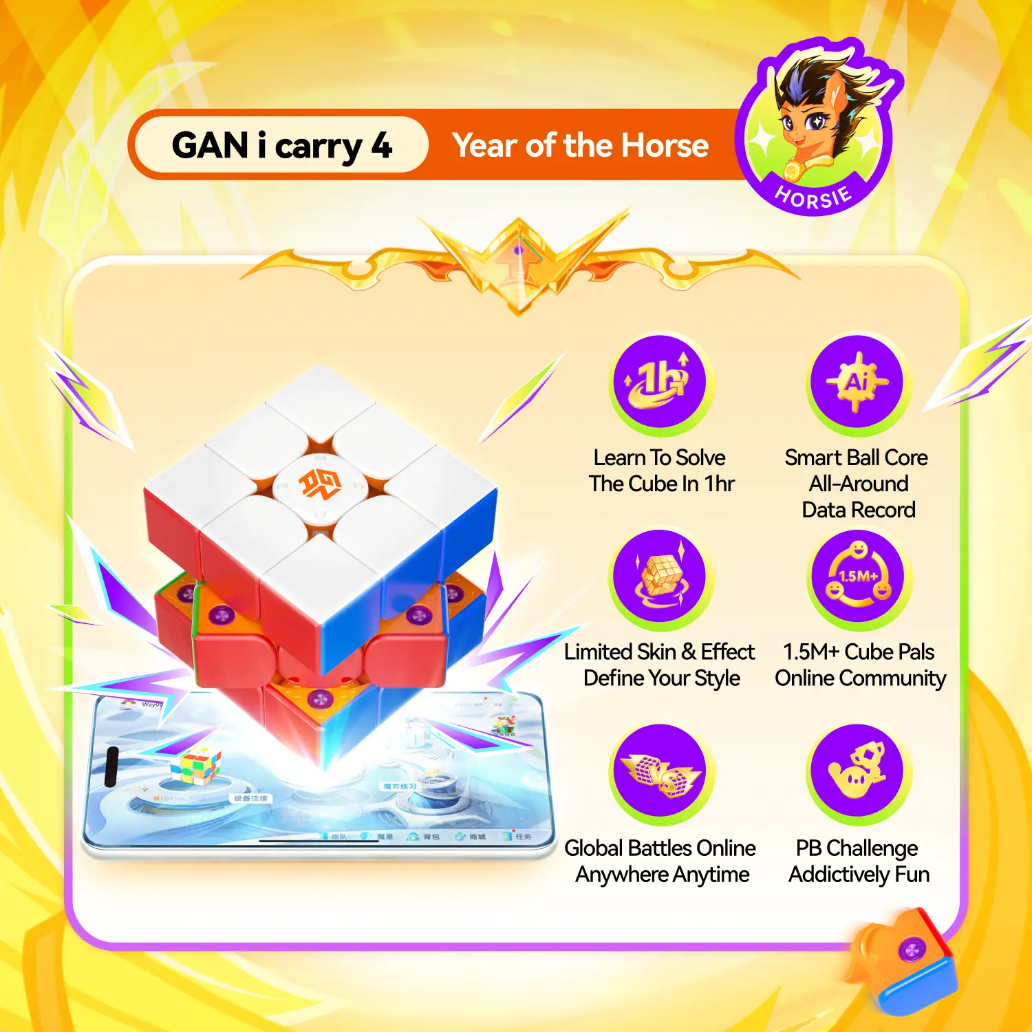 GANCUBE GAN i carry 4 Year of the Horse edition smart speed cube hovering over a smartphone, with feature icons highlighting rapid learning, smart ball core, customizable skins, online community, global battles, and personal best challenges.