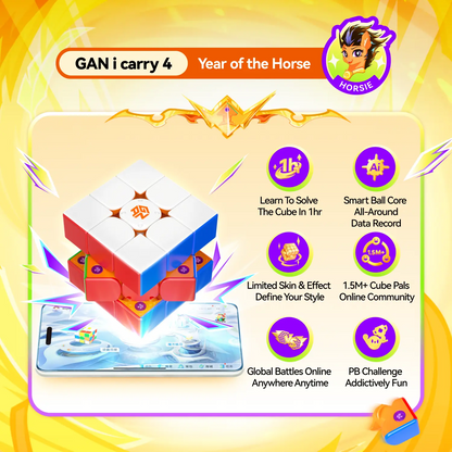 GANCUBE GAN i carry 4 Year of the Horse edition smart speed cube hovering over a smartphone, with feature icons highlighting rapid learning, smart ball core, customizable skins, online community, global battles, and personal best challenges.