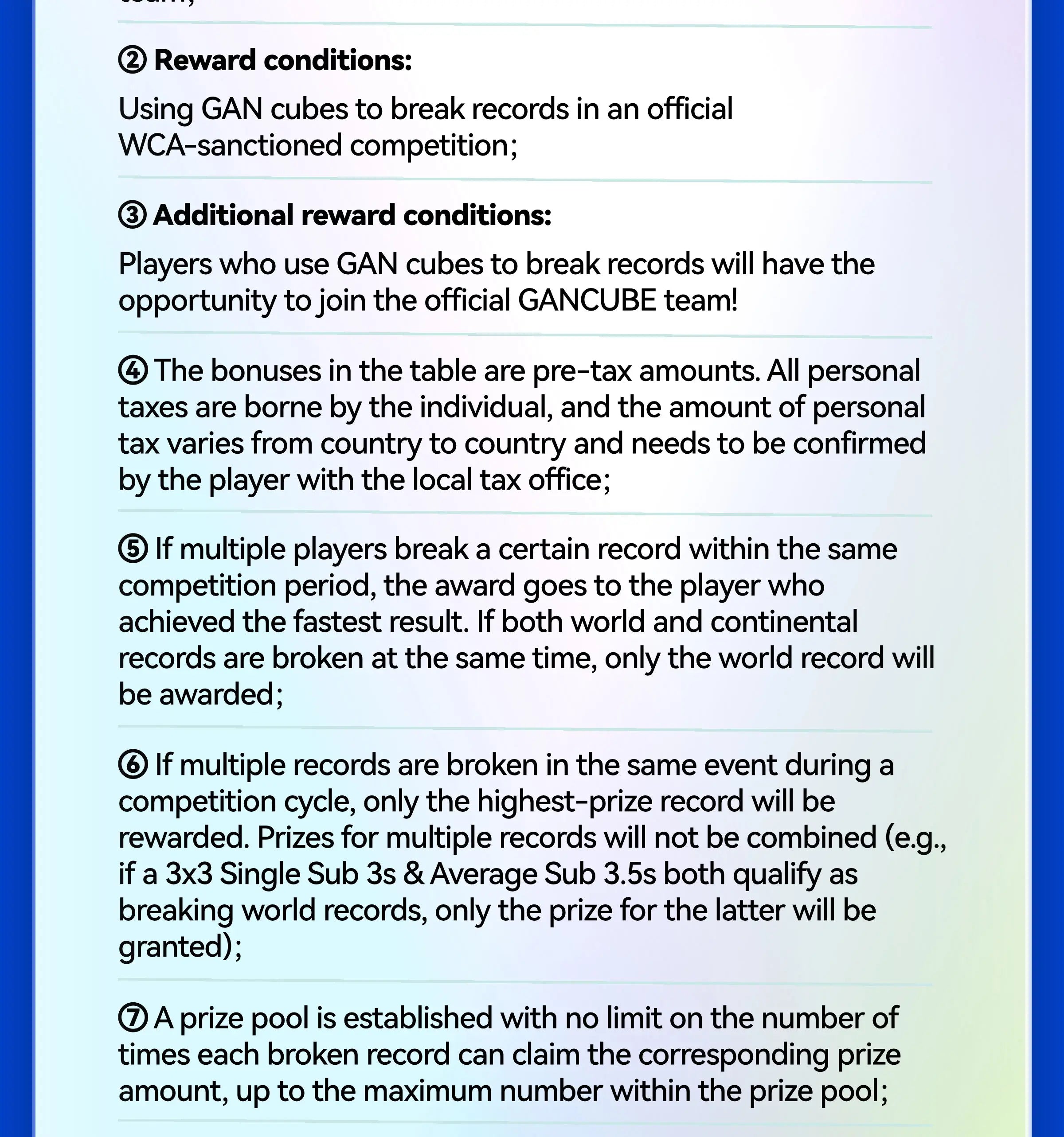 Text detailing reward conditions and additional information about using GAN cubes in WCA-sanctioned competitions.