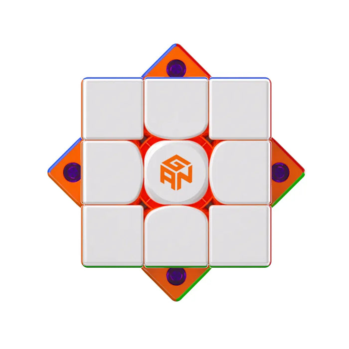 GAN speed cube with white face and orange logo, featuring colorful transparent edges and purple magnets