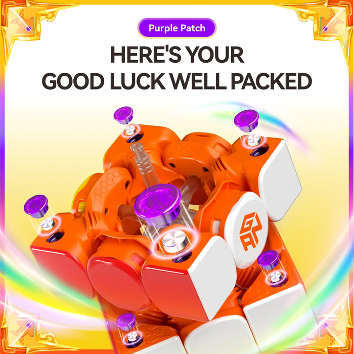 Orange speed cube with purple patches and glowing effects, showcasing internal mechanism and smart features