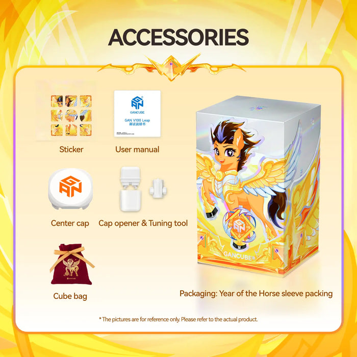 GAN V100 Leap speedcube accessories: stickers, manual, center cap, tuning tool, cube bag, Year of the Horse packaging