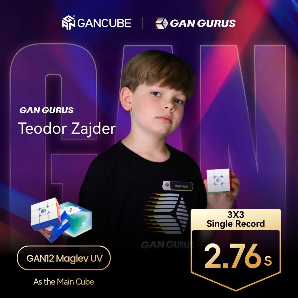 Teodor Zajder holding GAN12 Maglev UV 3x3 speed cube, 2.76s single record, GAN Gurus