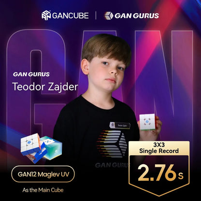 Teodor Zajder holding GAN12 Maglev UV 3x3 speed cube, 2.76s single record, GAN Gurus