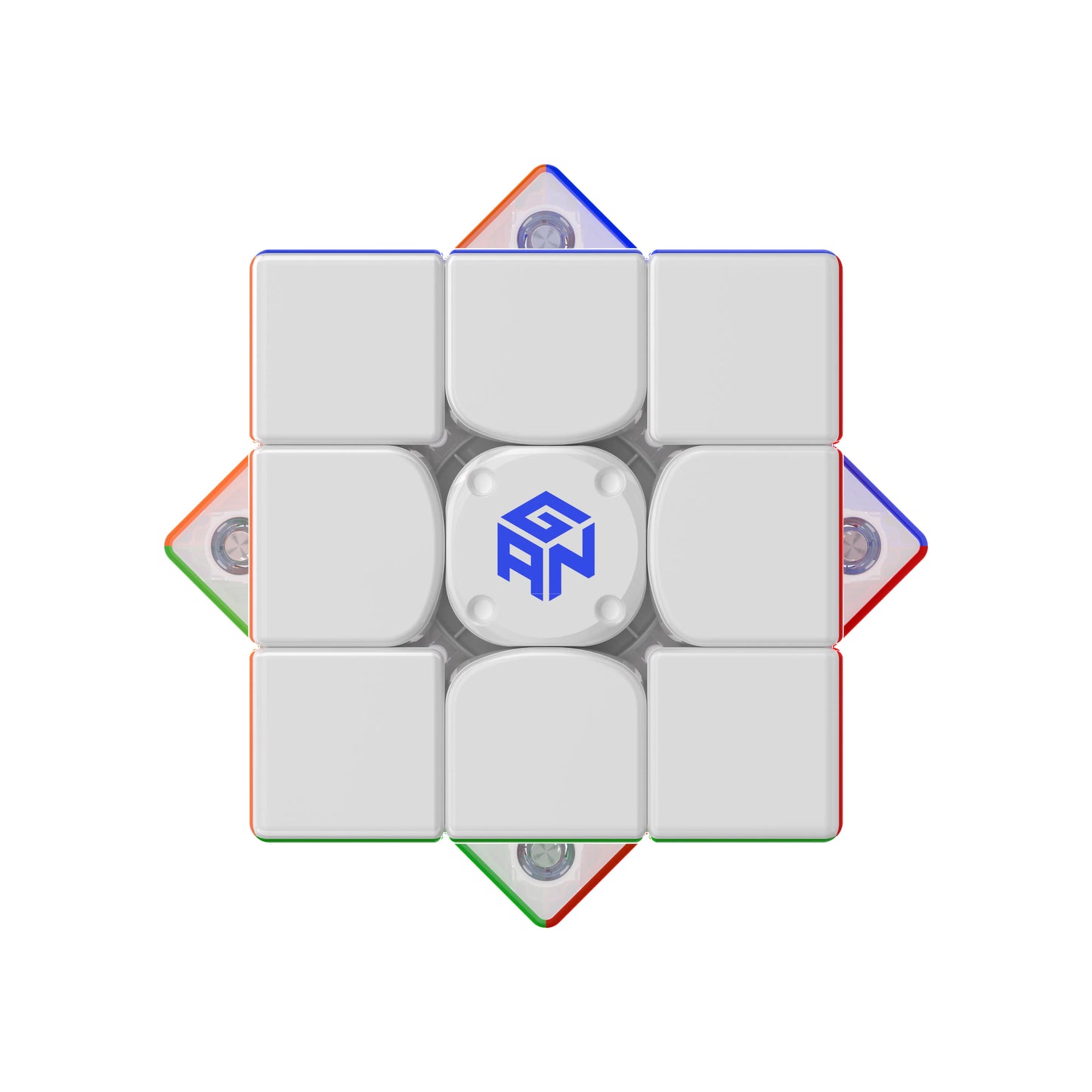 GAN speed cube with white face and blue logo, featuring colorful edge pieces and magnetic mechanism