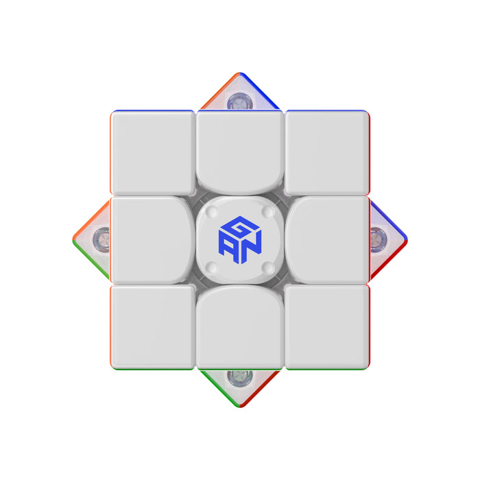 GAN speed cube with white face and blue logo, featuring colorful edge pieces and magnetic mechanism
