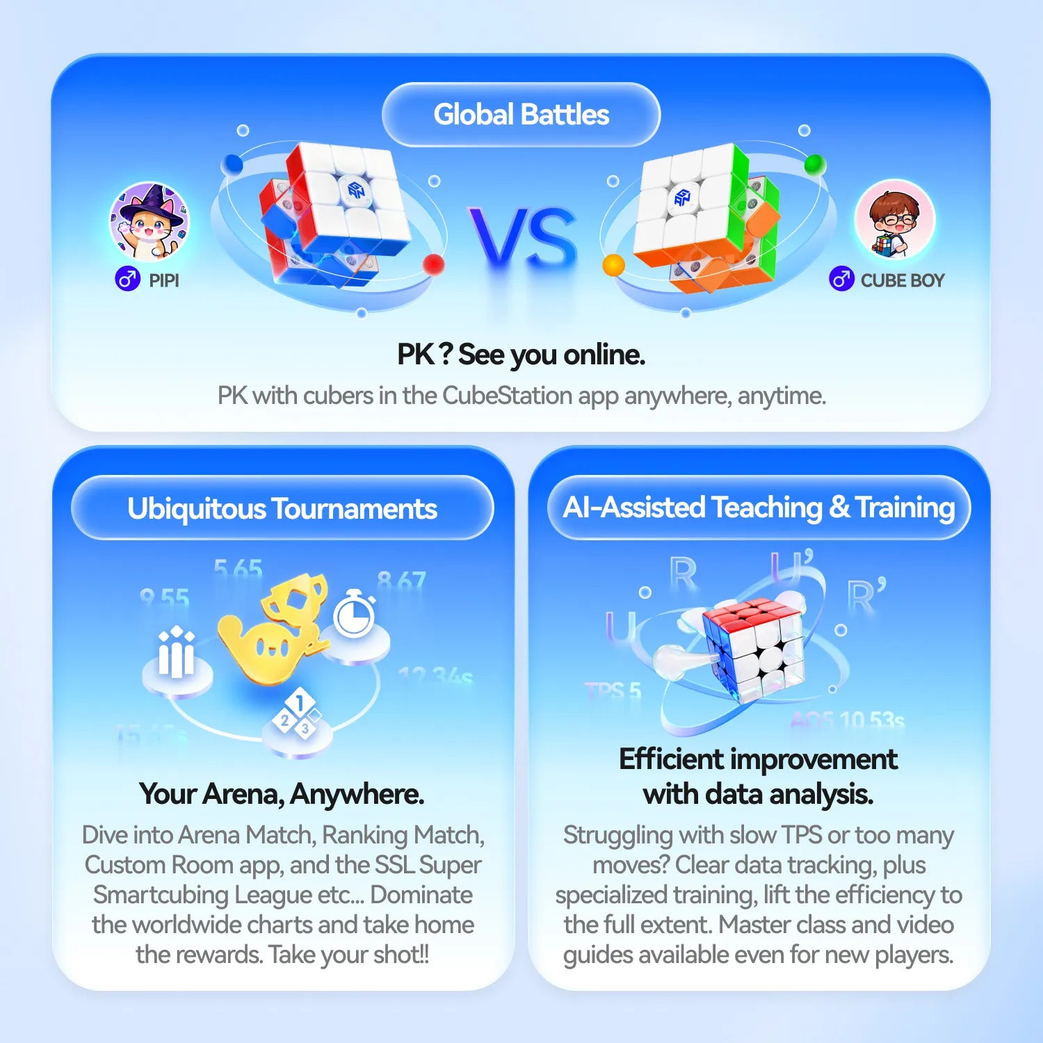 Smart cube global battles, tournaments, and AI training features for speedcubing improvement