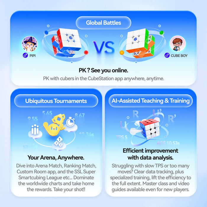 Smart cube global battles, tournaments, and AI training features for speedcubing improvement