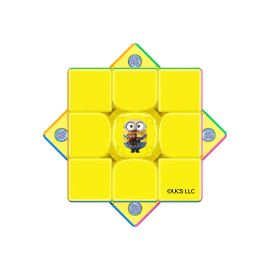 Yellow Minion-themed speed cube with colorful edges and central character design