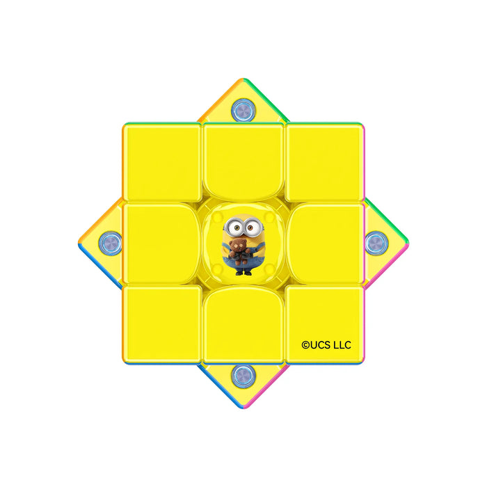 Yellow Minion-themed speed cube with colorful edges and central character design