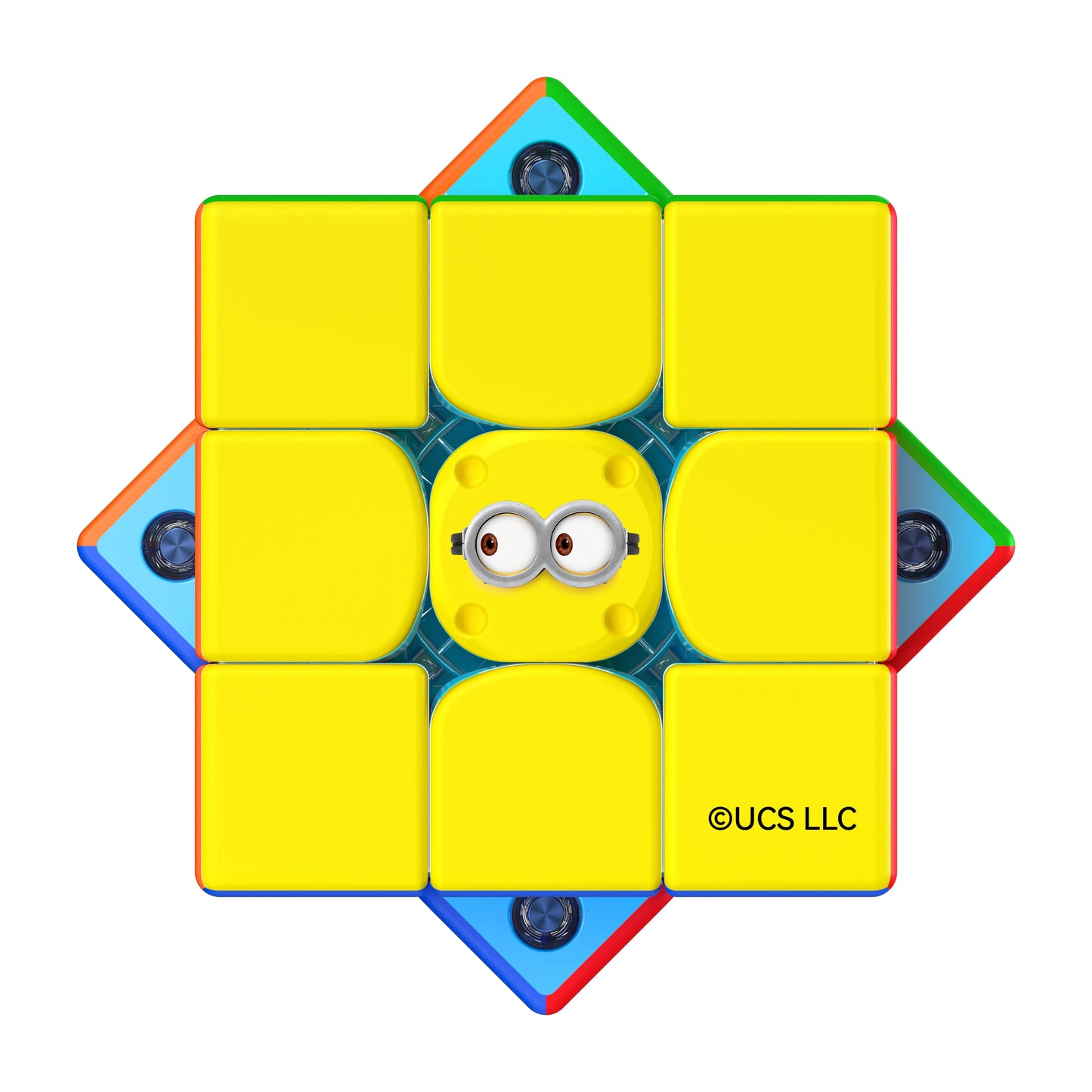 Minion-themed speed cube with yellow face and goggles, featuring UCS LLC copyright